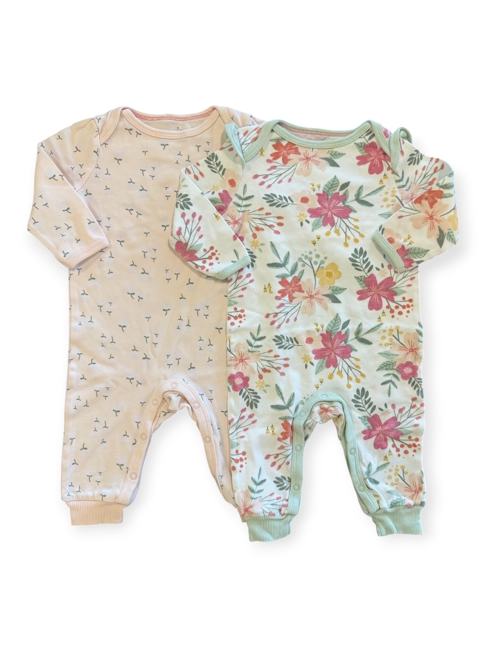Cloud Island Baby Girls 3-6M Floral and Pink Long Sleeve Cotton Rompers Set of 2